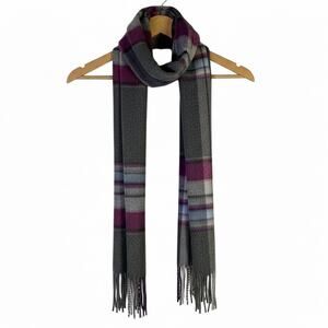 NWT Marchbrae Plaid Scarf Gray Purple Unisex 100% Wool Fringe Soft Cozy Fall
